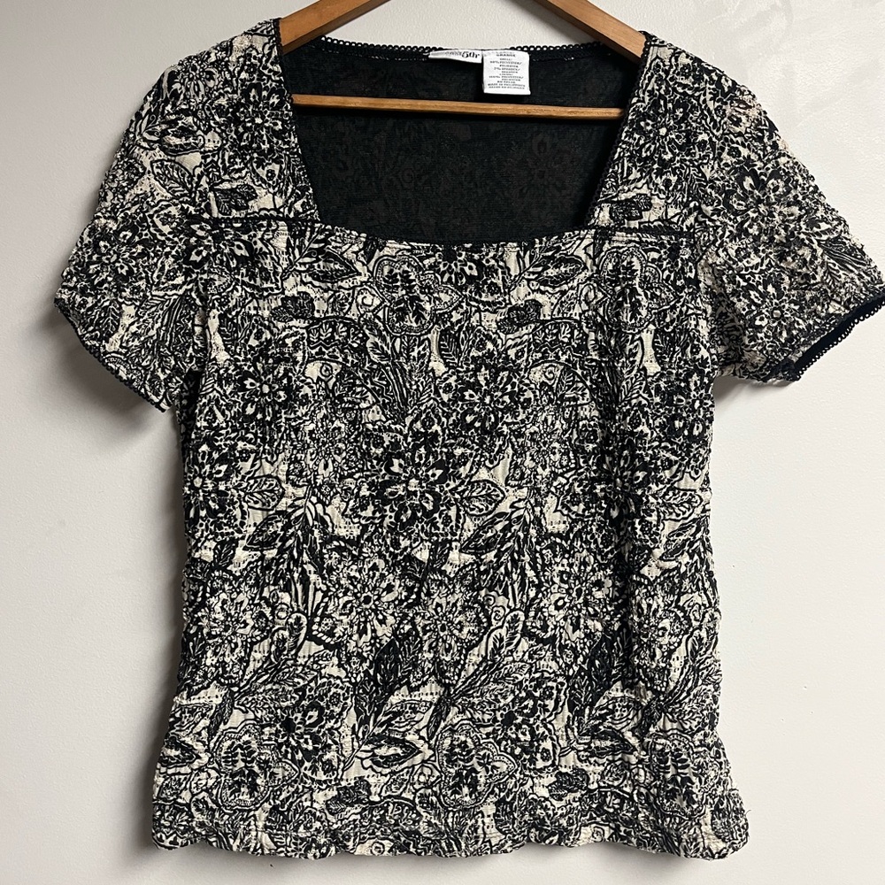 Large Short Sleeve East 5th Black and Cream Floral Blouse